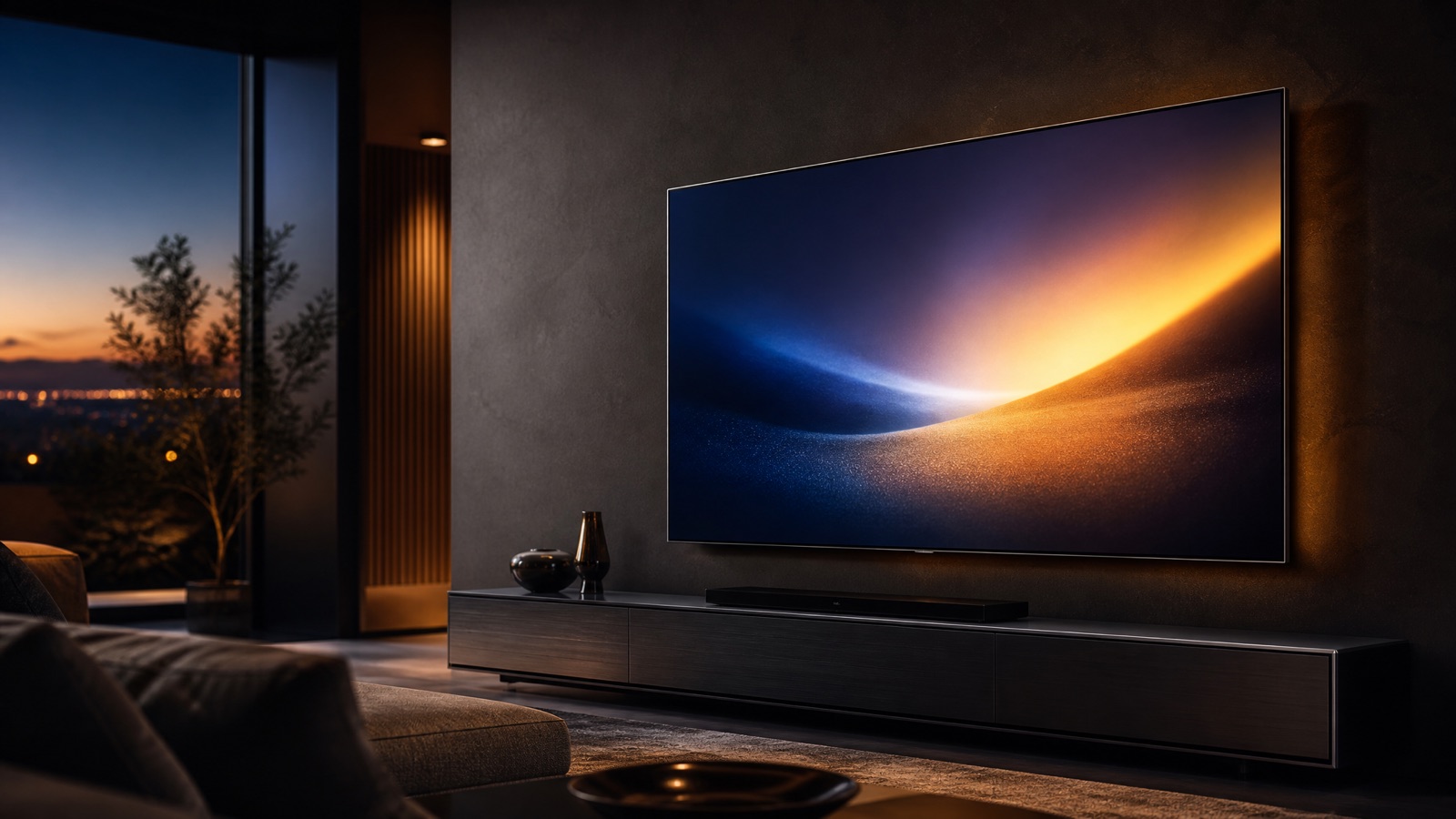 Strakke moderne televisie met cinematisch beeld in een sfeervolle woonkamer