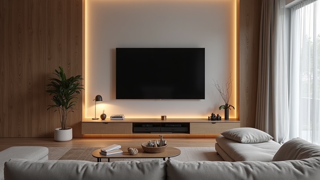Moderne woonkamer met grote flatscreen TV op ideale kijkafstand van de bank