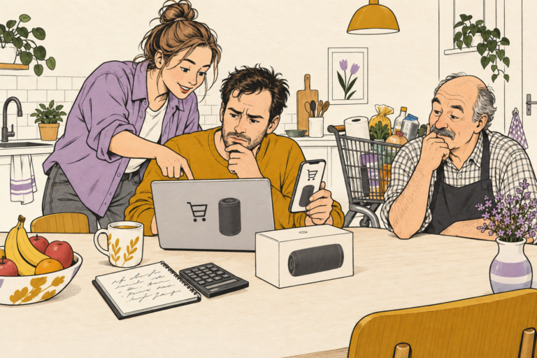 Man vergelijkt twee winkelmandjes op laptop en telefoon aan de keukentafel