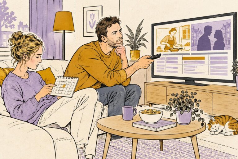 Illustratie van twee kijkers die het tv-menu en de planning van Britse programma’s bekijken