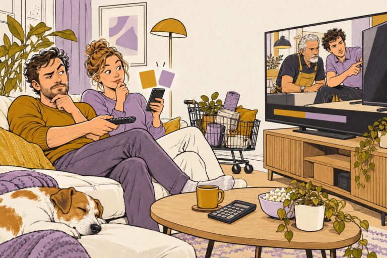 Illustratie van een stel op de bank dat voor een grote tv twee streamingabonnementen met en zonder reclame vergelijkt