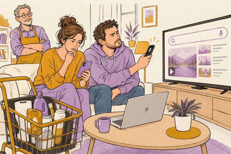 Twee kijkers vergelijken zoeken op televisie, telefoon en laptop